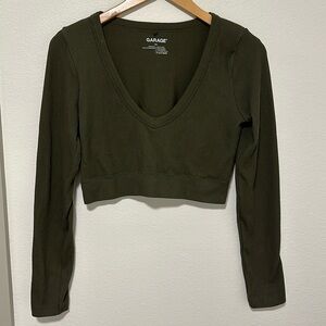 Olive Green Garage stretchy long sleeve crop top